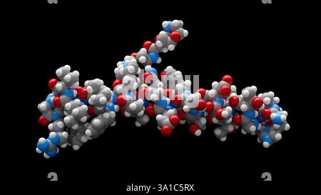 Illustration d'une molécule de semaglutide, qui est un agoniste synthétique du récepteur du peptide-1 de type glucagon (GLP-1). Le semaglutide est couramment prescrit pour le traitement du diabète de type 2, car il aide à réguler le taux de sucre dans le sang en augmentant la sécrétion d’insuline, en réduisant la libération de glucagon et en ralentissant la vidange gastrique. Banque D'Images