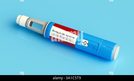 Illustration d'un stylo prérempli de semaglutide médicament contre le diabète. Commercialisé sous le nom d'Ozempic, le semaglutide est un analogue du peptide-1 de type glucagon (GLP-1) qui est utilisé pour traiter le diabète et pour la gestion du poids. Il augmente la production d'insuline, l'hormone qui abaisse le taux de sucre dans le sang, tout en supprimant la sécrétion de glucagon, l'hormone qui augmente le taux de sucre dans le sang. Il réduit également la faim et ralentit la vidange gastrique. Il est administré par injection dans la cuisse, l'abdomen ou le haut du bras. Banque D'Images