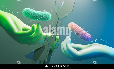 Mirror Life, illustration conceptuelle. Beaucoup de biomolécules sont chirales, c'est-à-dire qu'elles peuvent exister sous deux formes miroirs analogues à des versions droitières et gauches. Une seule des formes se retrouvera dans la nature. Par exemple, l'ADN est droitier et les protéines gaucher. Il doit être possible de réaliser des cellules, dites cellules miroirs, entièrement à partir de molécules d'image miroir. Cependant, cela a été mis en garde contre, car les systèmes immunitaires, les médicaments et les antimicrobiens ne fonctionneraient pas contre les cellules miroirs et ils pourraient se propager sans contrôle. Banque D'Images