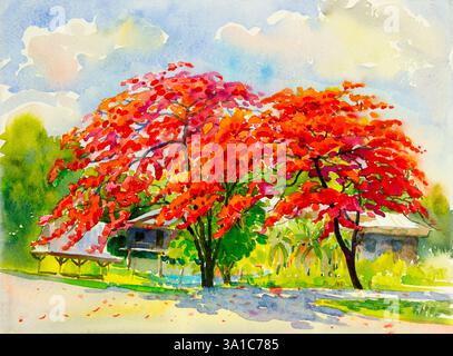 Aquarelle paysage peinture originale couleur rouge de fleur de paon et fond de nuage, aquarelle, original, peinture, peinture de paysage, backgro Banque D'Images