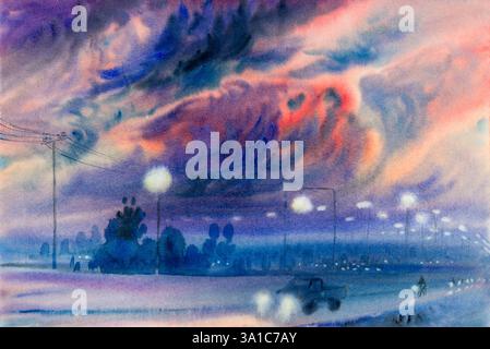 Paysage aquarelle peinture originale colorée du ciel du soir et de l'émotion dans le fond de nuage Banque D'Images