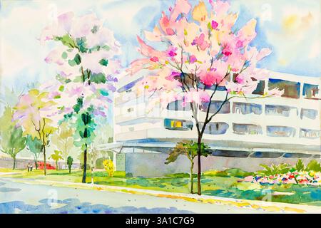 Paysage aquarelle peinture originale colorée de cerisier sauvage de l'himalaya et émotion sur fond bleu Banque D'Images