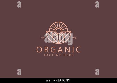 Logo biologique nature Fresh produit avec feuille et symbole de signe linéaire du soleil Illustration de Vecteur