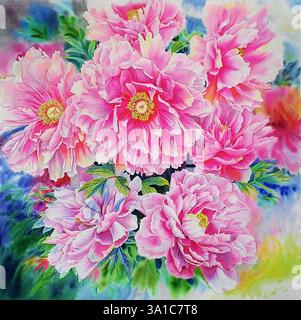 Aquarelle peinture originale couleur rose réaliste de Peonies fleur et feuilles vertes dans la nature beauté fond. Illustration peinte à la main, printemps se Banque D'Images