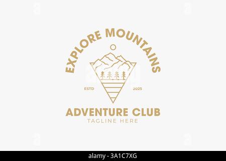 Logo aventure nature, voyage et exploration en plein air. Emblème Wilderness Journey randonnée, camping et découverte de la nature. Illustration de Vecteur