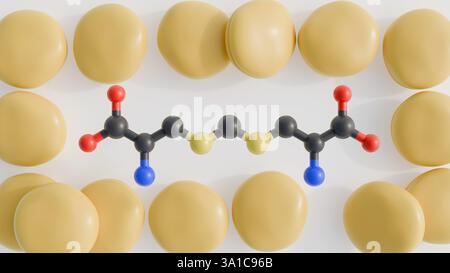 Un rendu 3D représente la structure moléculaire de l'acide djengkolique aux côtés de sa source naturelle, un amas de haricots de jengkol. Banque D'Images