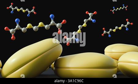 Un rendu 3D représente la structure moléculaire de l'acide djengkolique aux côtés de sa source naturelle, un amas de haricots de jengkol. Banque D'Images