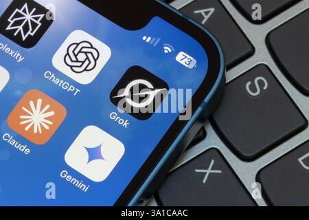 L'icône de l'application Grok de Xai est visible parmi d'autres applications d'IA, y compris ChatGPT, Gemini, Claude, et perplexité, sur l'écran d'un iPhone. Banque D'Images