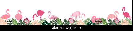 Bordure d'été avec flamant rose et feuilles exotiques Illustration de Vecteur