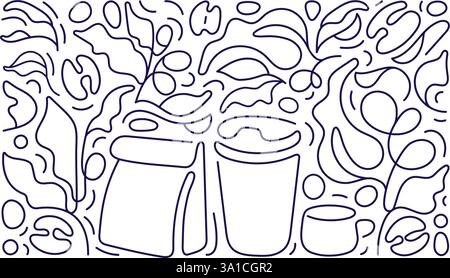 Plantation de café, tasses. Motif rectangulaire abstrait en ligne. Illustration monochrome vectorielle pour boutique de café, emballage alimentaire. Esquisse simple sur BA transparent Illustration de Vecteur