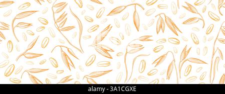 Pointe d'avoine, graines dorées sans couture patern. Croquis de détails de plante de blé, épeautre. Récolte agricole. Fond vectoriel dessiné à la main. Graphique vintage pr Illustration de Vecteur