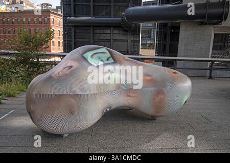 Le biomorphe forme 'car-GRASS-Screen-2 et car-Body-Screen-2' (par Tishan Hsu) le long du High Line Park, West Side, Manhattan, New York City, USA Banque D'Images