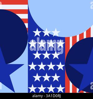 Fond géométrique abstrait avec des symboles et des couleurs du drapeau des États-Unis. Impression vectorielle, bannière, affiche, carte de voeux, couverture bauhaus memphis design. Prim. Simple Illustration de Vecteur
