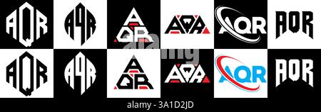 Conception de logo de lettre AQR dans le style six. AQR polygone, cercle, triangle, hexagone, style plat et simple avec lettre de variation de couleur noir et blanc logo se Illustration de Vecteur