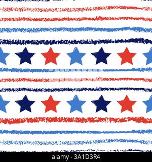 Crayon crayon drapeau américain motif sans couture dessiné à la main. Illustration vectorielle de rayures de craie et d'étoiles. Fond de fête nationale américaine. Textile de mode Illustration de Vecteur