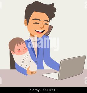 Père de travail avec illustration vectorielle de bébé paisible. L'équilibre entre vie professionnelle et vie privée de l'homme en congé de maternité concept Illustration de Vecteur