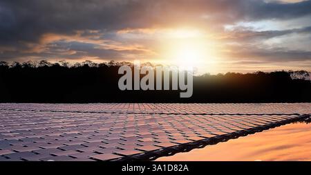 Solaire flottant sur l'eau, énergie propre, contrastant avec le ciel, coucher du soleil Banque D'Images