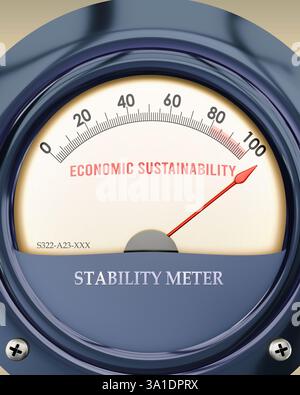Un compteur de durabilité et de stabilité économique qui atteint une échelle complète, montrant un très haut niveau de durabilité économique Banque D'Images