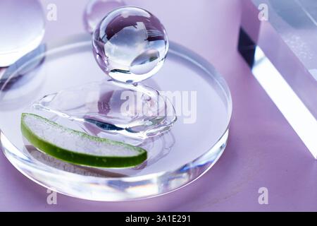 Tranches d'aloès et gouttelettes de sérum disposées sur un verre rond dans un cadre de spa serein. Banque D'Images