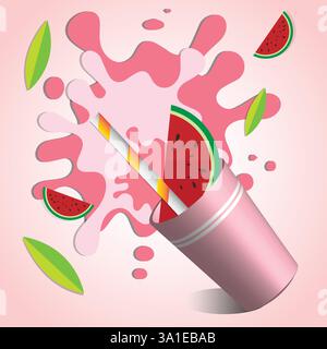 Illustration d'une éclaboussure de jus de pastèque avec des couleurs rouges et vertes vibrantes. Le design met en valeur une tranche de pastèque, une tasse de jus avec une paille. Illustration de Vecteur
