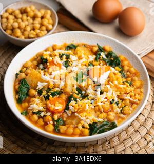 Délicieux ragoût de pommes de terre et de pois chiches compoté avec des épinards, des légumes et des œufs durs. Recette traditionnelle espagnole. Banque D'Images
