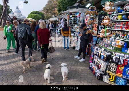 Venise, Italie - 12 octobre 2024 : les touristes parcourent un stand de souvenirs vendant des masques vénitiens, des porte-clés et d'autres souvenirs Banque D'Images