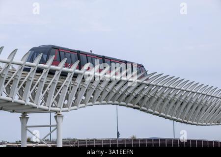 Venise, Italie - 12 octobre 2024 : le tramway AVM Venezia sur une voie surélevée, assure les transports en commun entre Venise et le continent Banque D'Images