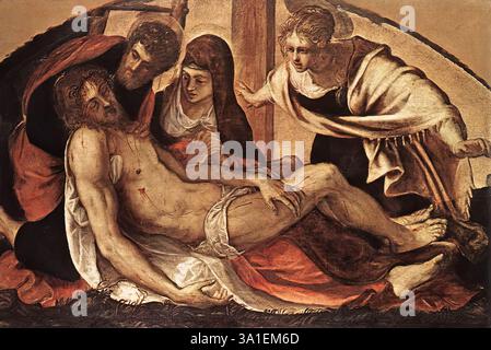 TINTORET (1518, Venezia, d. 1594, Venezia) la déposition 1563 huile sur toile, 108 x 170 cm Pinacoteca di Brera, Milan Un document montrant le paiement de cette image est daté de 1563. Comme le paiement était une avance, les travaux ont été achevés au cours d'années successives. Il a été peint pour passer au-dessus d'une porte dans la cour de la Procuratie, Venise. Les dommages causés par l'exposition aux éléments sont encore visibles ; le Tintoret lui-même l'a restauré en 1590, lorsqu'il a été déplacé à l'intérieur du nouveau bâtiment de Scamozzo. Il est à la Brera depuis 1808. Tintoretto a réalisé l'effe hautement oratoire Banque D'Images
