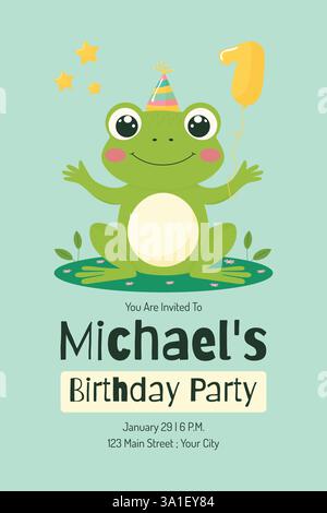 Carte d'invitation d'anniversaire avec illustration vectorielle plate de grenouille mignonne. Illustration de Vecteur