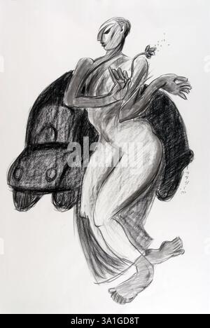 Voiture dans son dessin de charbon de bois de rêve sur papier fait à la main Banque D'Images