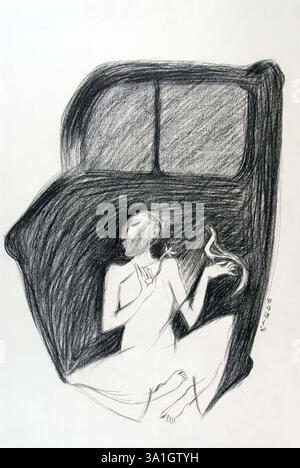 Homme rêvant voiture dans son dessin de charbon de bois de rêve sur papier fait à la main Banque D'Images