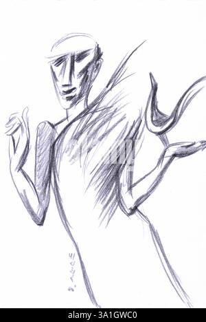 L'homme et des oiseaux Illustration dessin fusain Banque D'Images