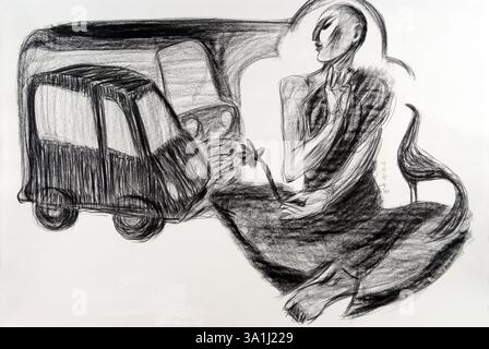 Voiture dans son dessin de charbon de bois de rêve sur papier fait à la main Banque D'Images