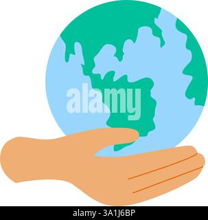 Mains tenant la planète Terre. Conception plate. Protection et soins de la planète. Objet isolé sur fond blanc. Illustration de Vecteur