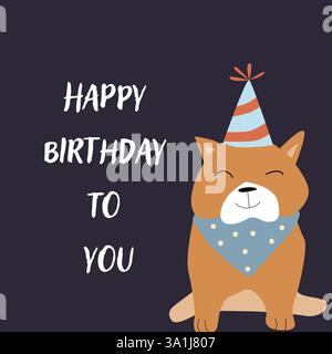 Carte de voeux joyeux anniversaire avec animal de compagnie mignon. Motif enfantin avec animal. Chien dessiné à la main dans le chapeau de fête. Illustration de Vecteur