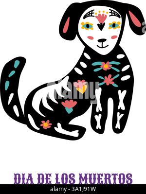 Bannières ou affiches de jour de la mort mexicaine. Carte de voeux dia de los muertos. Crâne de sucre, animaux de compagnie tatoués et éléments floraux, fleurs et masque de tatouage. Illustration de Vecteur