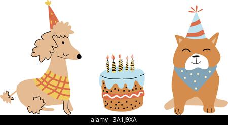 Illustration vectorielle avec des animaux de compagnie mignons et gâteau. Chien dessiné à la main dans le chapeau de fête. Doodle mignon caniche et bouledogue Illustration de Vecteur