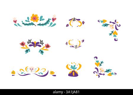 Fleurs mexicaines éléments floraux pour carte d'invitation, affiches et bannières. Éléments ornés dessinés à la main avec fleurs, feuilles et crâne. Illustration de Vecteur
