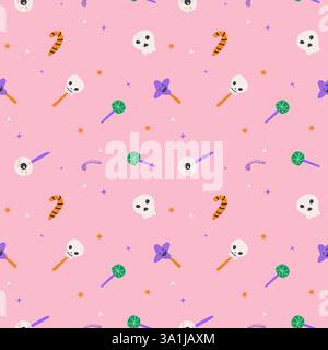 Motif sans couture avec bonbons magiques d'halloween. Texture enveloppante sur fond rose. Illustration de Vecteur