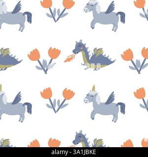 Motif fantastique magique avec dragons et licornes pour le décor des enfants. Illustration de Vecteur