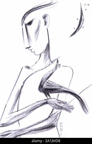 L'homme et des oiseaux Illustration dessin fusain Banque D'Images