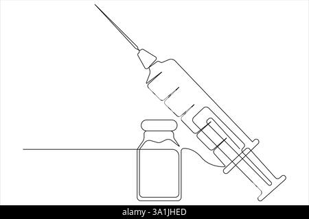 Un dessin en trait continu d'une seringue médicale en plastique jetable avec aiguille applicable à l'injection de vaccin Illustration de Vecteur