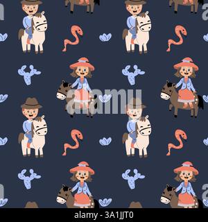 Joli motif enfantin de cow-boy avec des chevaux et des cactus pour la décoration de la chambre des enfants. Illustration de Vecteur