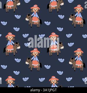 Joli motif enfantin de cow-boy avec des enfants sur des chevaux et des éléments floraux. Illustration de Vecteur