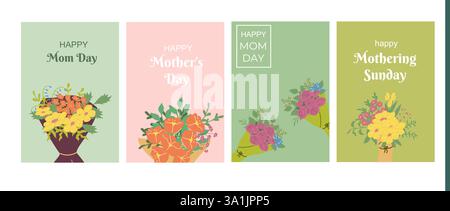 Cartes de voeux colorées pour la fête des mères avec bouquets floraux. Illustration de Vecteur