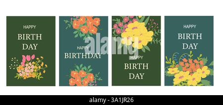 Cartes de joyeux anniversaire fleuries colorées avec des arrangements floraux vibrants. Illustration de Vecteur
