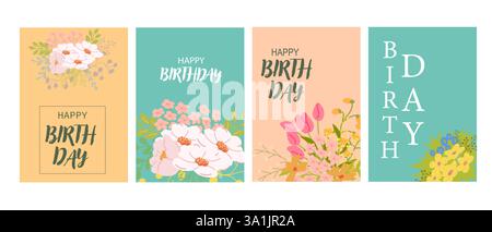 Ensemble de cartes de voeux joyeux anniversaire fleuri coloré avec fleurs. Illustration de Vecteur