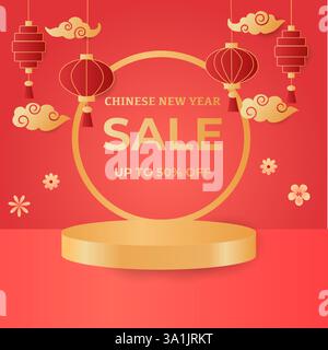 Bannière de vente pour le nouvel an chinois. Illustration de podium 3D découpée en papier vectoriel réaliste et fleurs orientales, nuages sur fond rouge. Asiatique année lunaire t Illustration de Vecteur