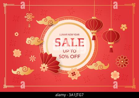 Chinois Lunar New Year abstrait Modern Sale promotion design sur fond rouge. Carte de voeux lunaire avec bannière de réduction au format horizontal. Illustration de Vecteur