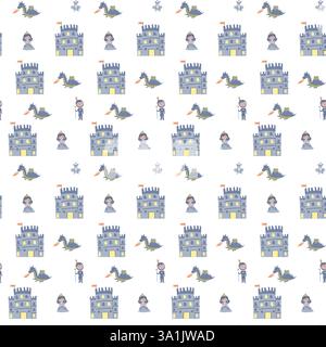 Charmant motif princesse avec des châteaux, des dragons et des chevaliers pour la conception textile ou l'emballage cadeau. Illustration de Vecteur